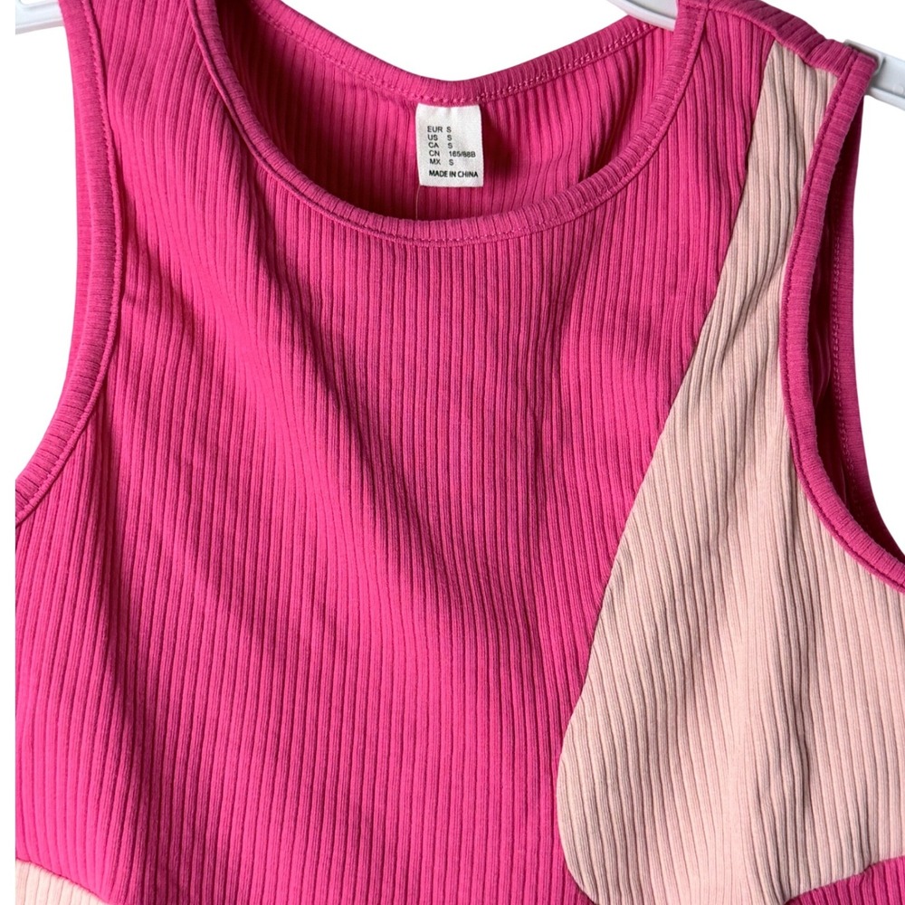 Verdusa Women Tank Top Small Hot Pink Colorblock Ribbed Sleeveless‎ Cropped Top
